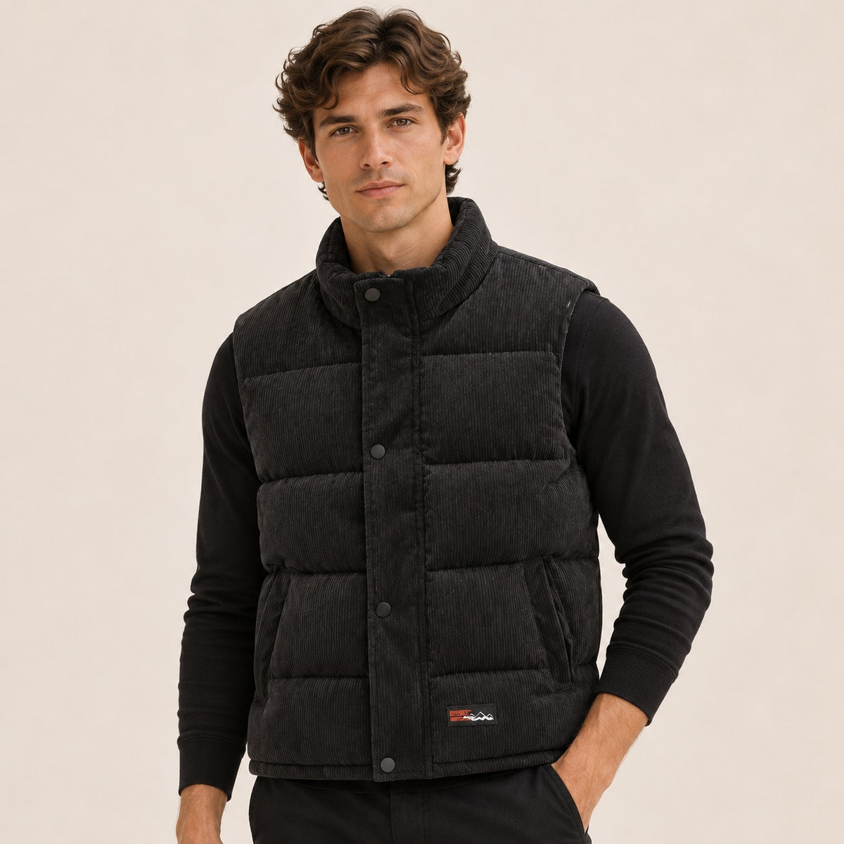 Pánská péřová vesta s vysokým límcem - volný outdoorový styl