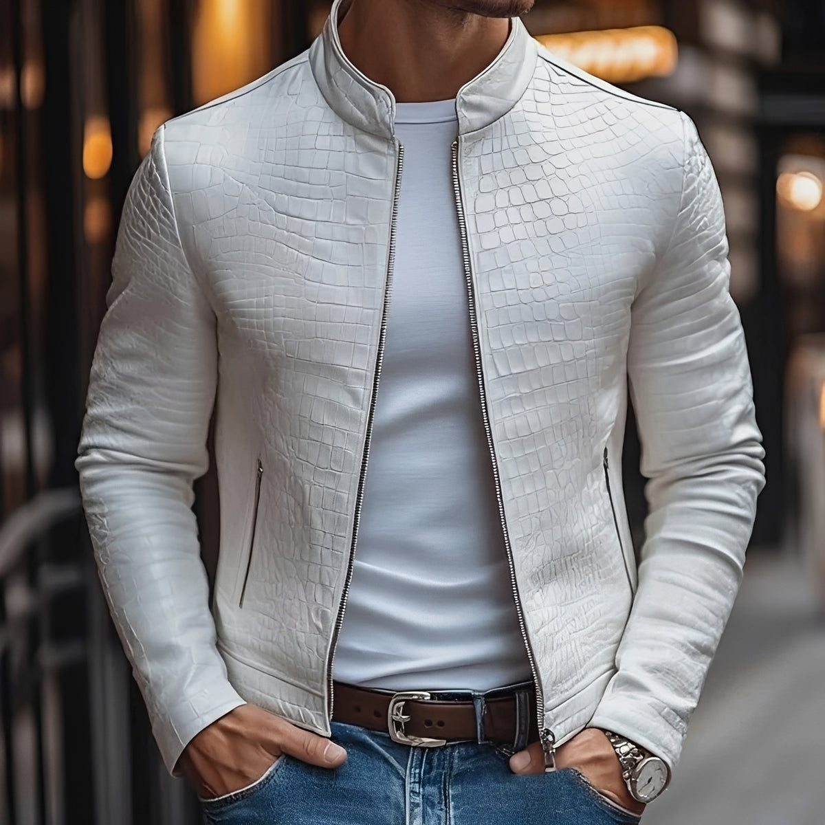 Pánská slim fit bunda s stojacím límcem a texturovaným vzorem