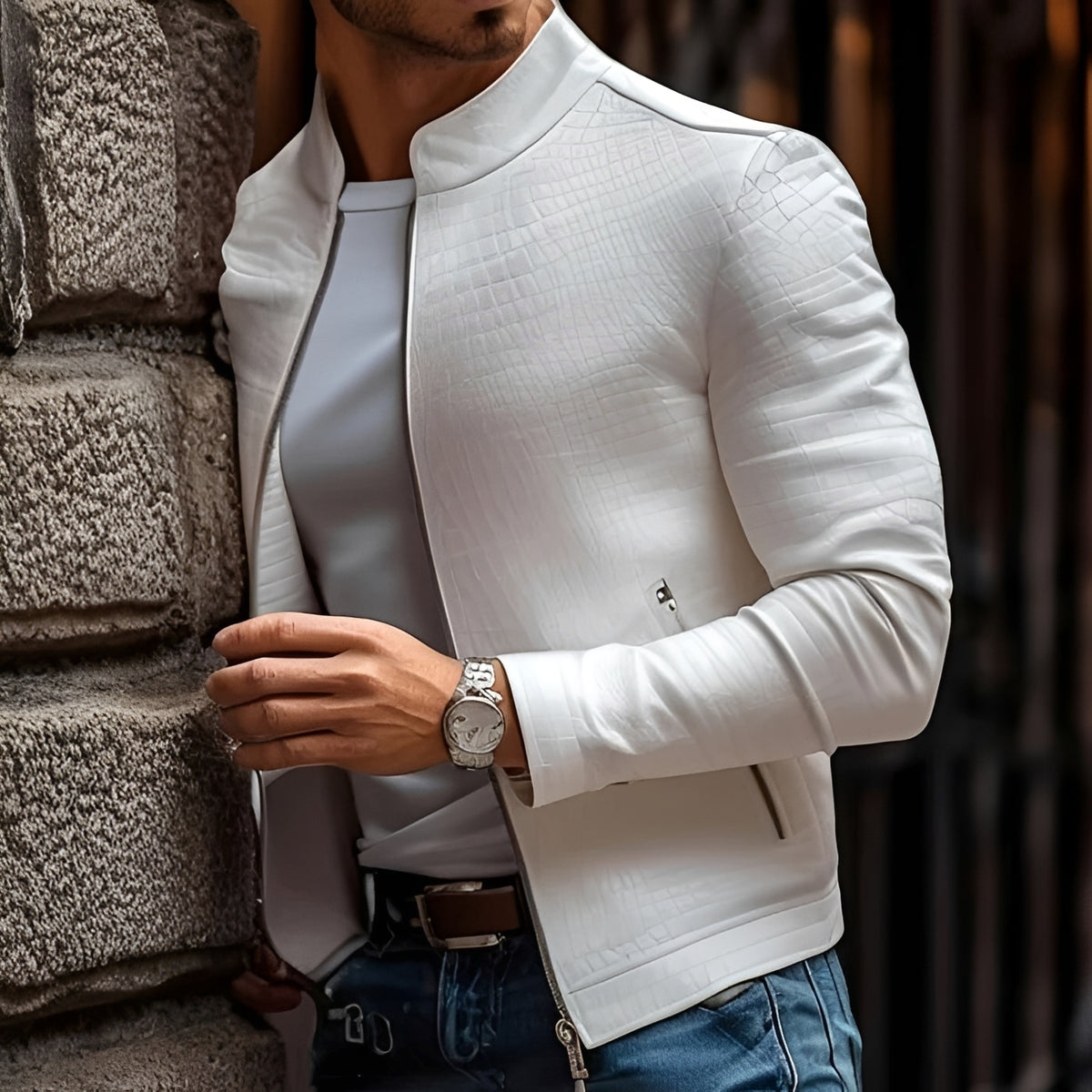 Pánská slim fit bunda s stojacím límcem a texturovaným vzorem