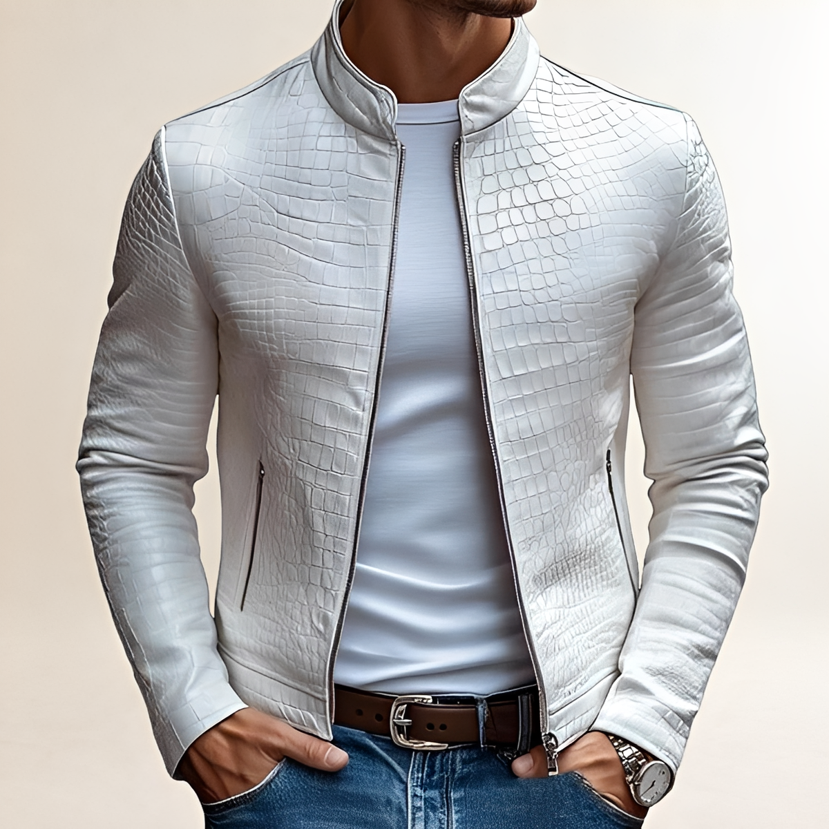 Pánská slim fit bunda s stojacím límcem a texturovaným vzorem