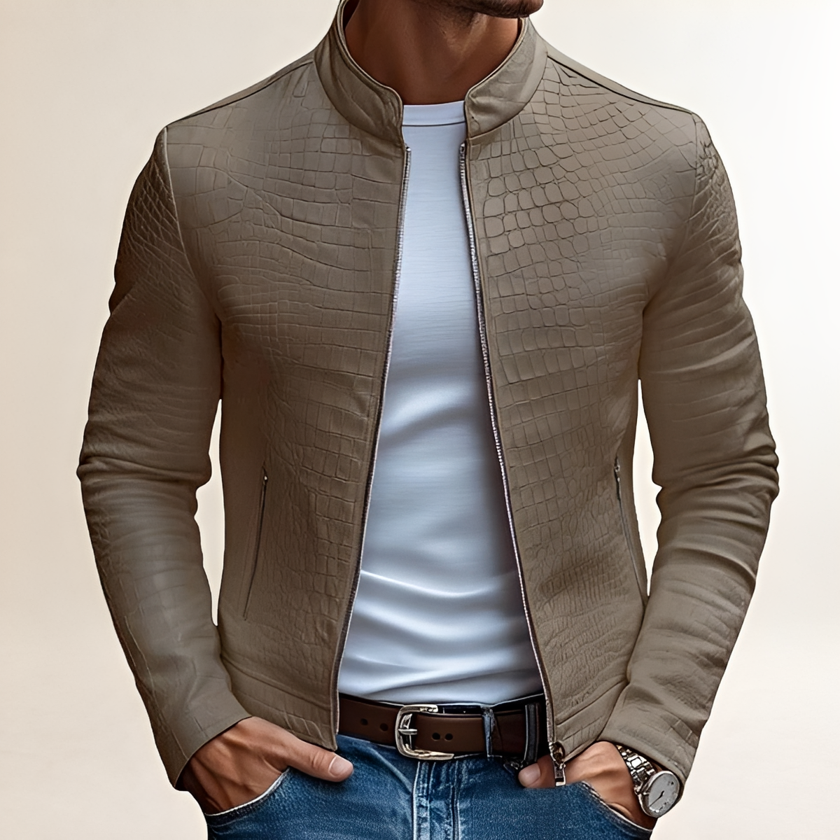 Pánská slim fit bunda s stojacím límcem a texturovaným vzorem