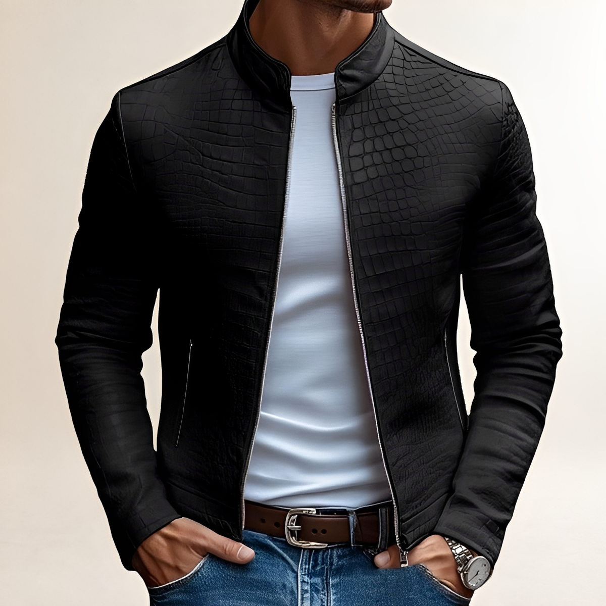Pánská slim fit bunda s stojacím límcem a texturovaným vzorem