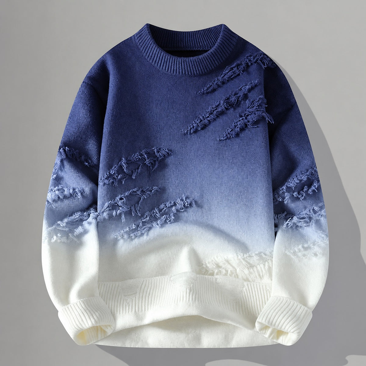 Pánský svetřík s efektem vyblednutí a frayed detaily - volný střih, crew neck