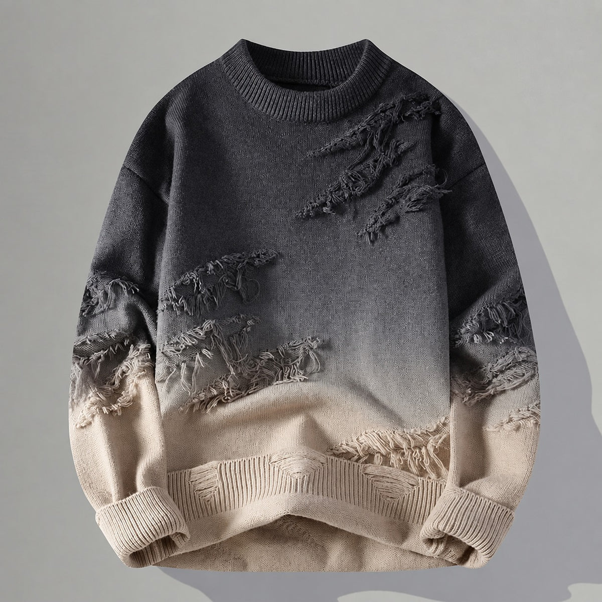 Pánský svetřík s efektem vyblednutí a frayed detaily - volný střih, crew neck