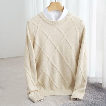 Pánský svetr s kulatým výstřihem a argyle vzorem - regular fit