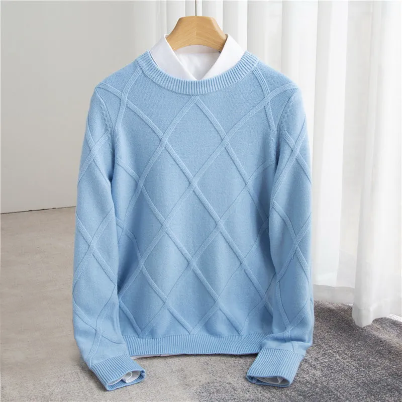 Pánský svetr s kulatým výstřihem a argyle vzorem - regular fit