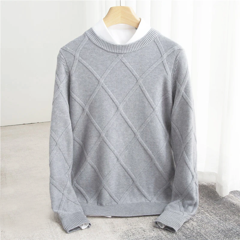 Pánský svetr s kulatým výstřihem a argyle vzorem - regular fit