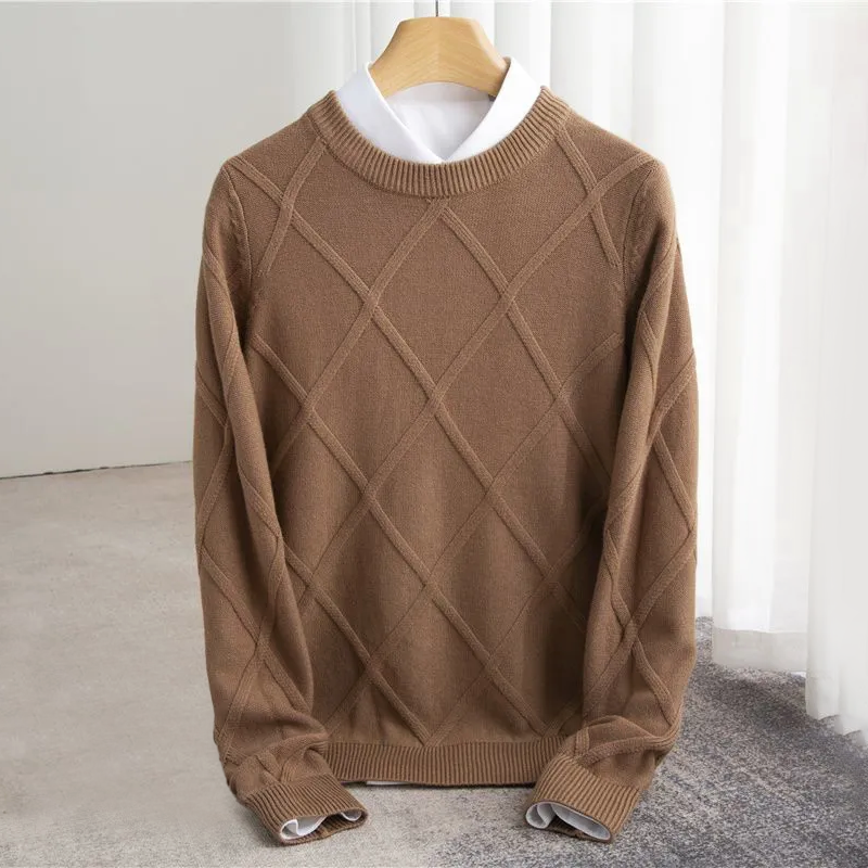 Pánský svetr s kulatým výstřihem a argyle vzorem - regular fit